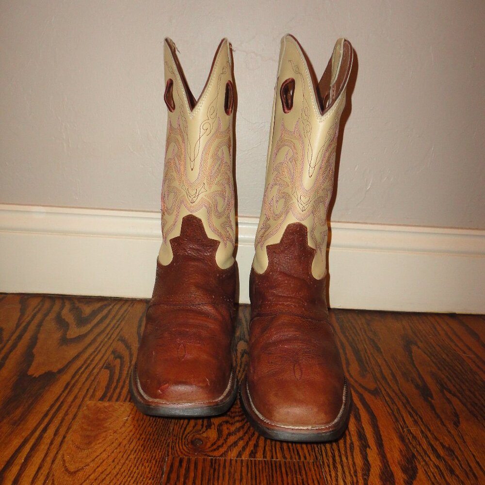 JUSTIN Men's Brown Leather Square Toe Western Boots Size 10.5 D